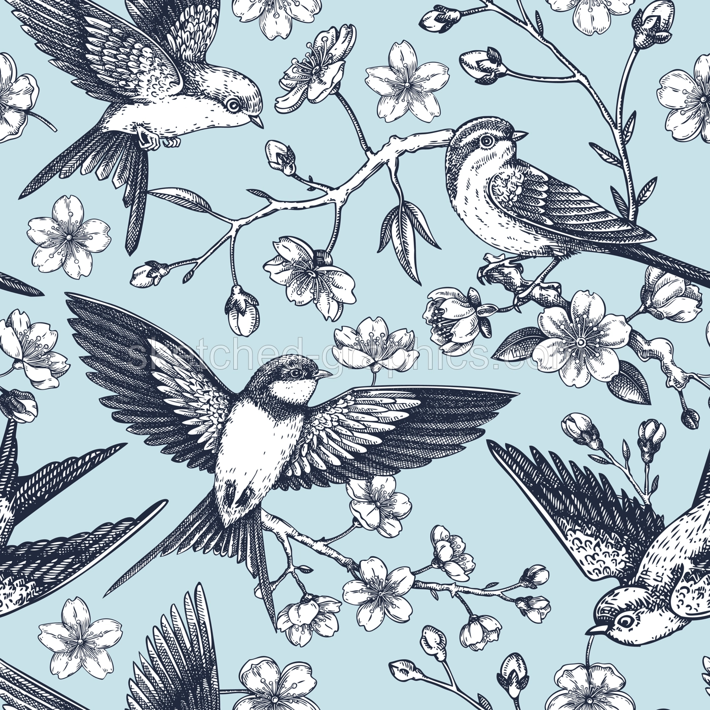 Spring seamless pattern. Sakura flower background. Cherry blossom, flying birds sketch illustration. NOT AI generated Illustration